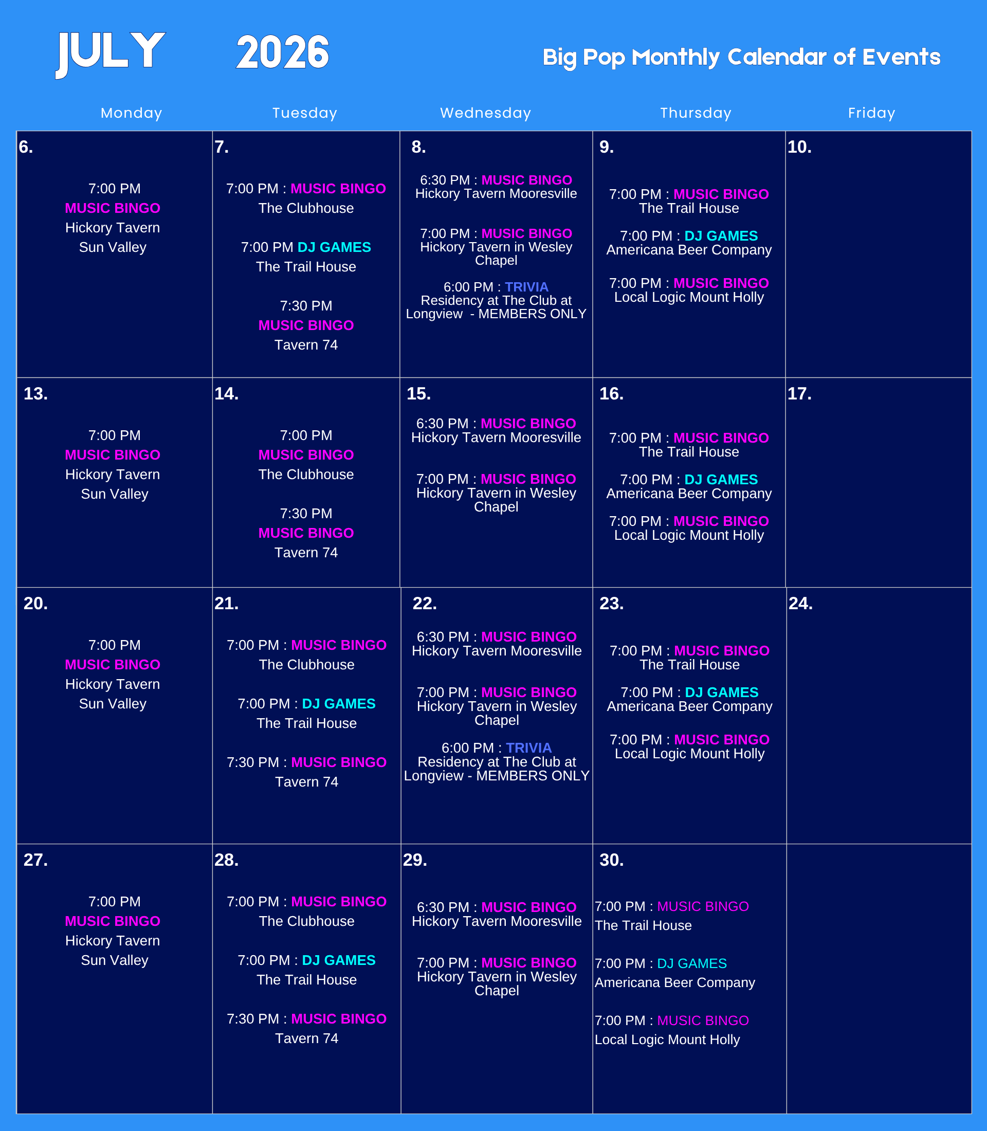 Big Pop Productions July Calendar